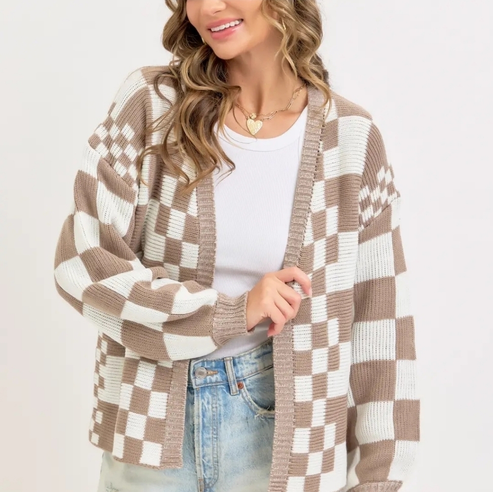 Mixed Checkered Knit Open Front Cardigan - Picture 3 of 6